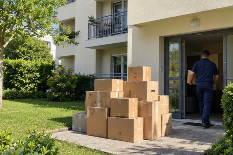 Pile de cartons fermés et étiquetés prête au pied de l'entrée, Souppes-sur-Loing