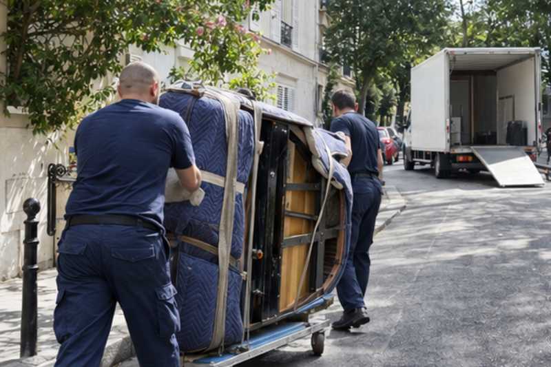 Déménageurs qui déplacent un piano demi-queue couché sur une planche de transport, protégé par des couvertures, rue étroite, camion blanc garé plus loin