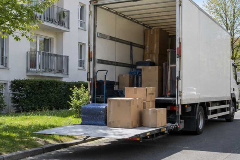Camion de déménagement blanc garé le long du trottoir, hayon abaissé, cartons alignés, Taverny
