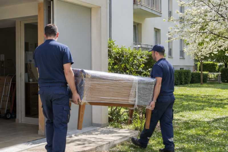 Deux déménageurs sortent une table en bois emballée, Taverny