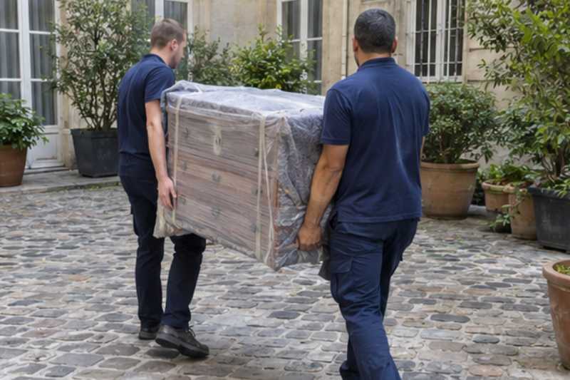 Deux déménageurs portent une commode à tiroirs emballée, cour pavée d'immeuble ancien