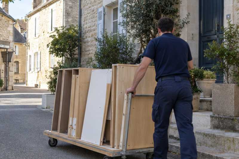 Déménageur qui roule une armoire démontée sur un chariot à plateau, Torcy