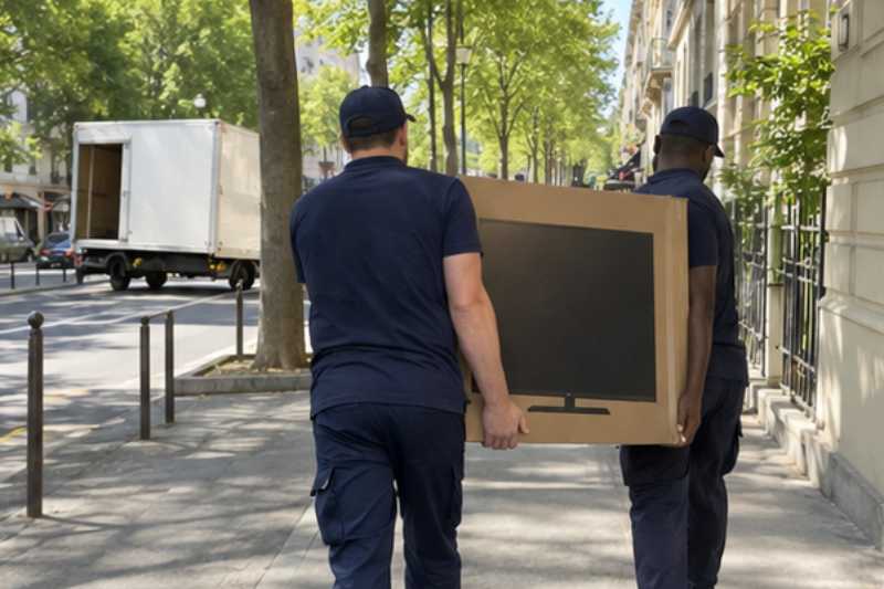 Deux déménageurs portent un grand téléviseur protégé par un carton épais, trottoir, camion garé sur une place de livraison au loin