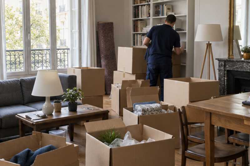 Appartement en cours de vidage avec cartons à moitié faits