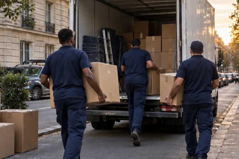 Déménageurs pressés qui chargent rapidement des cartons en fin de journée