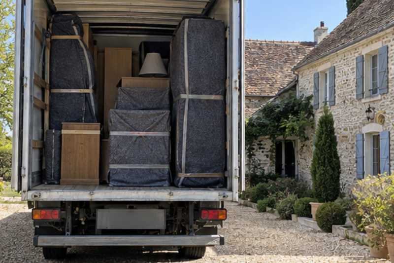 Vue arrière du camion ouvert, meubles calés sous couvertures, Vaires-sur-Marne