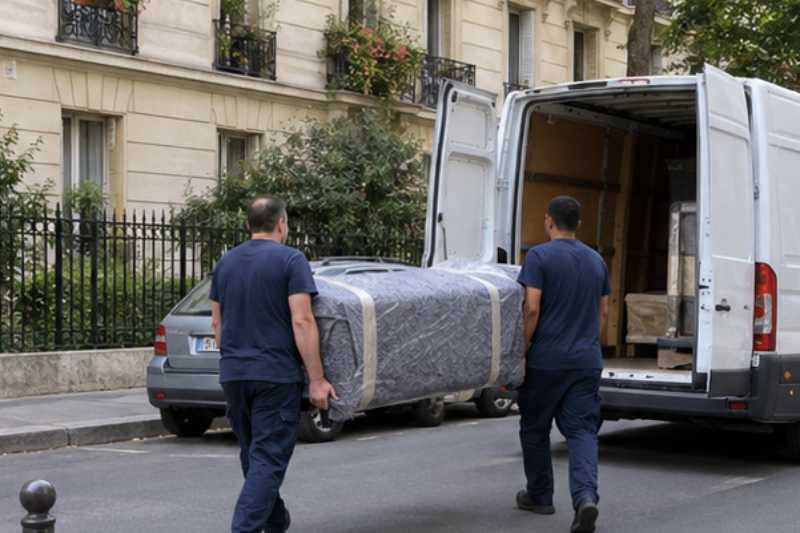 Deux déménageurs portent des meubles emballés sous couvertures, rue résidentielle d'Île-de-France devant un immeuble