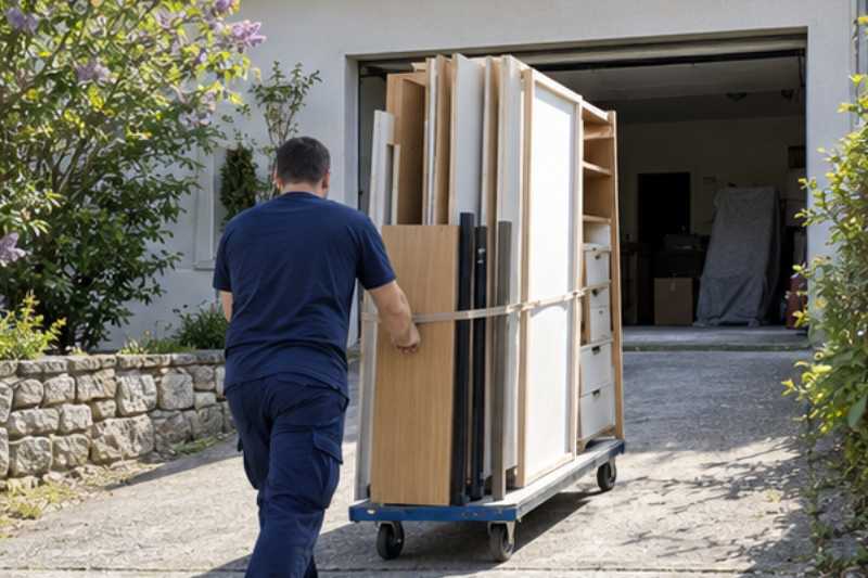 Déménageur qui roule une armoire démontée sur un chariot à plateau, Vaires-sur-Marne