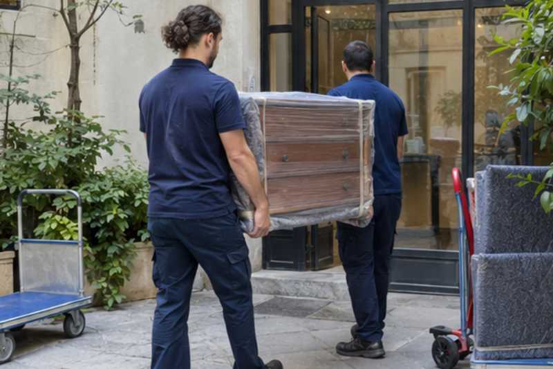 Deux déménageurs portent une commode à tiroirs emballée, cour intérieure d'immeuble, chariots roulants