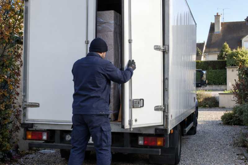 Déménageur qui ferme les portes arrière du camion chargé, Val-d'Oise