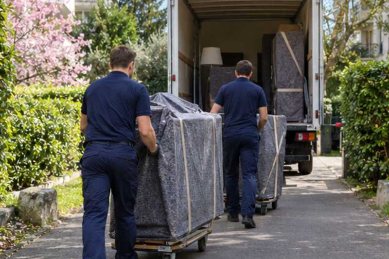 Deux déménageurs portent des meubles emballés sous couvertures, allée de résidence, chariots roulants vers le camion