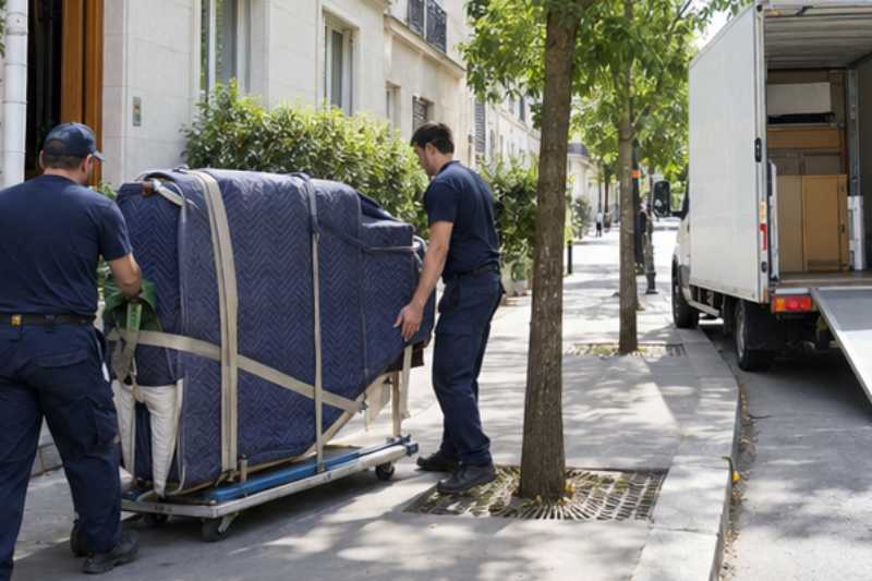 Déménageurs qui déplacent un piano demi-queue couché sur une planche de transport, protégé par des couvertures, trottoir devant un immeuble, camion blanc en arrêt court