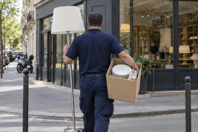 Déménageur portant un lampadaire et un carton de vaisselle, Val-de-Marne