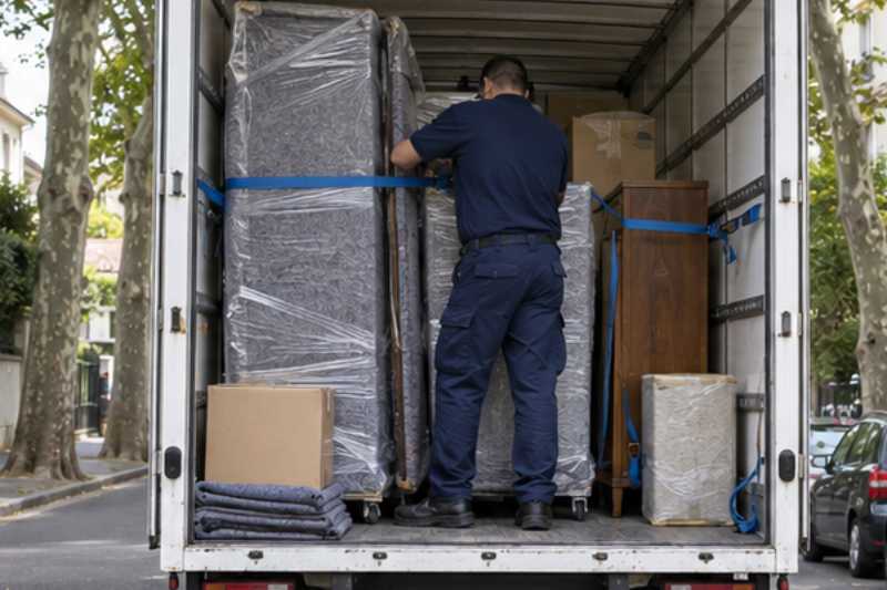 Déménageur qui sangle des meubles emballés dans la caisse du camion, Val-de-Marne