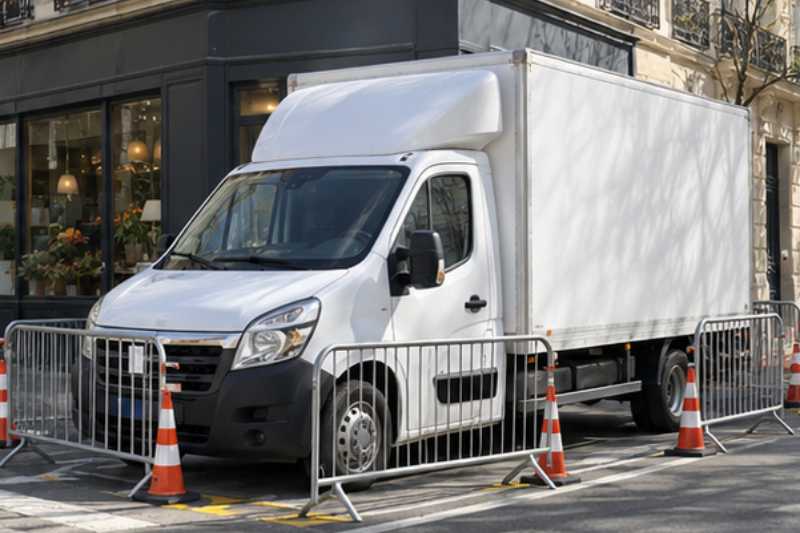 Camion blanc sur une place réservée délimitée par des barrières, Villejuif
