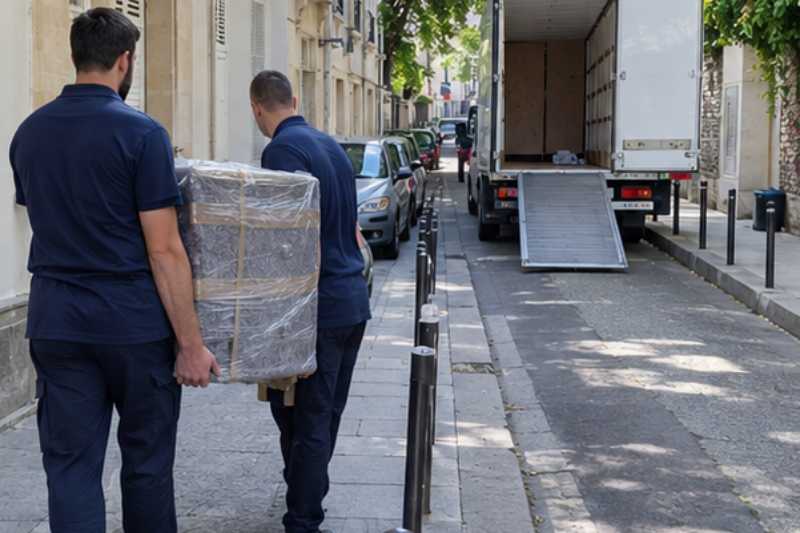Deux déménageurs portent une commode à tiroirs emballée, rue étroite, camion blanc garé plus loin