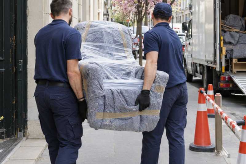 Deux déménageurs portent un fauteuil releveur emballé, trottoir urbain dégagé par un balisage léger