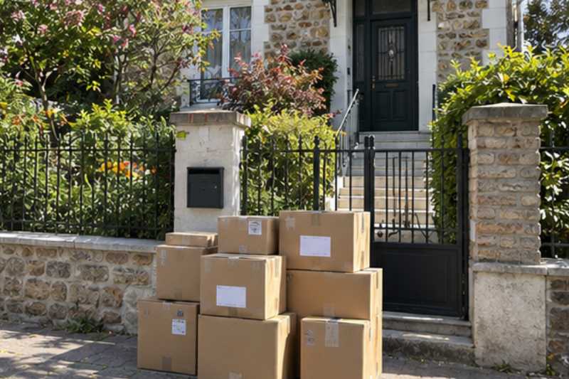 Pile de cartons fermés et étiquetés prête au pied de l'entrée, Villejuif