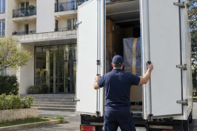 Déménageur qui ferme les portes arrière du camion chargé, Villemomble