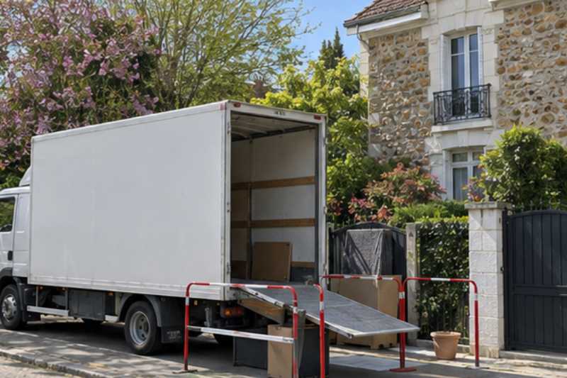 Camion blanc sur une place réservée délimitée par des barrières, Villeneuve-Saint-Georges