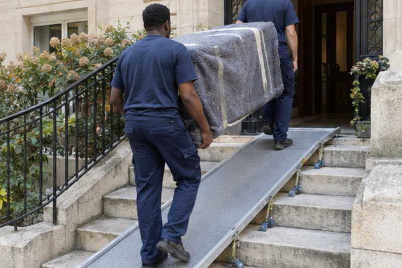 Deux déménageurs portent des meubles emballés sous couvertures, perron de quelques marches avec une rampe mobile posée