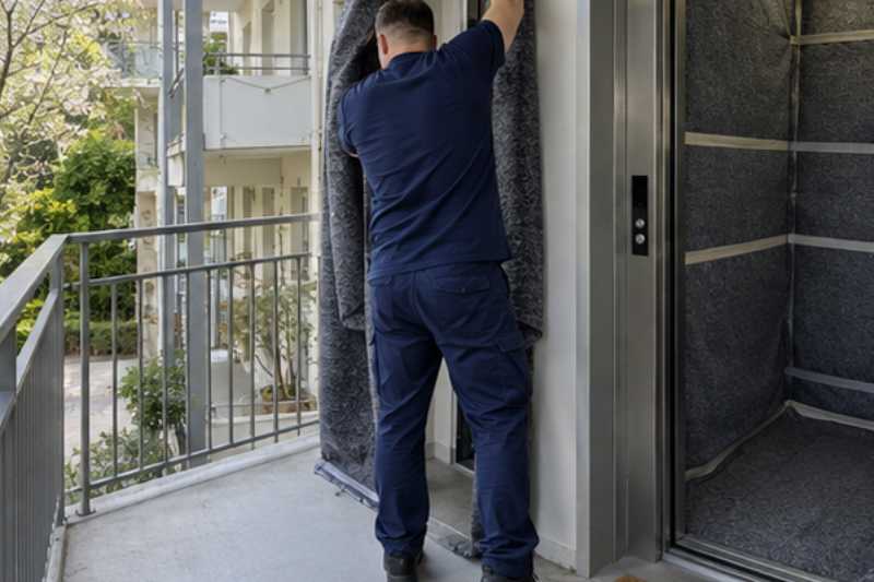 Déménageur qui protège l'encadrement de porte avec des couvertures, Villeneuve-Saint-Georges