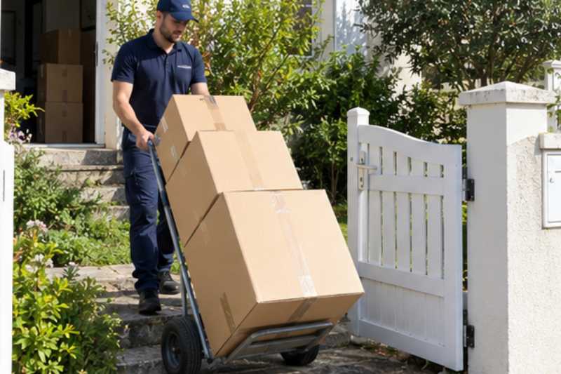 Un déménageur descend des cartons empilés sur un diable, Villeparisis