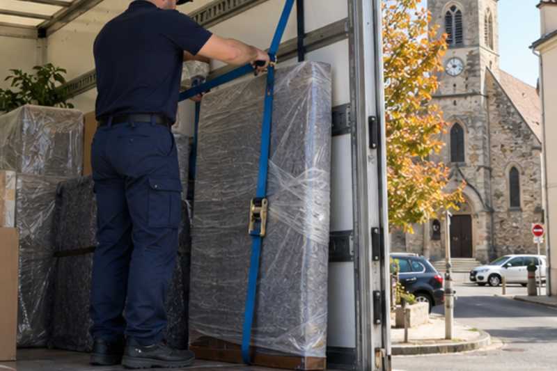 Déménageur qui sangle des meubles emballés dans la caisse du camion, Villeparisis