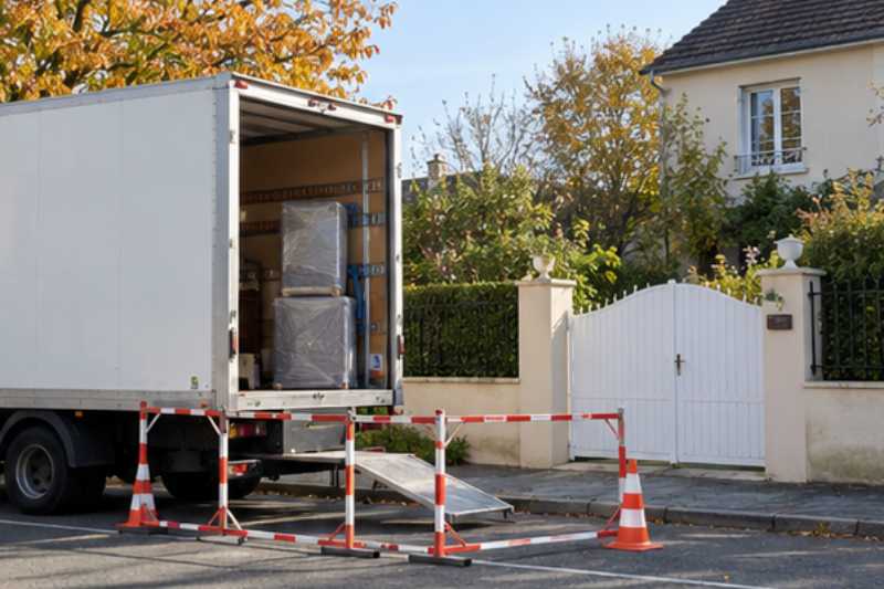Camion blanc sur une place réservée délimitée par des barrières, Villiers-le-Bel