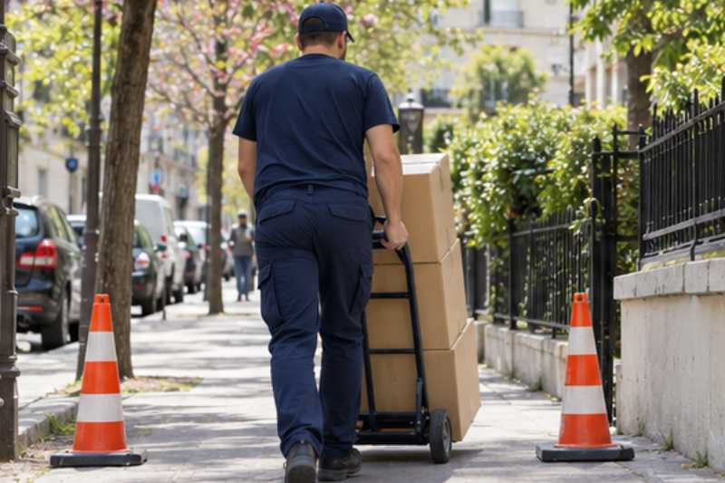 Déménageur qui roule une pile de cartons fermés sur un diable, trottoir urbain dégagé par un balisage léger