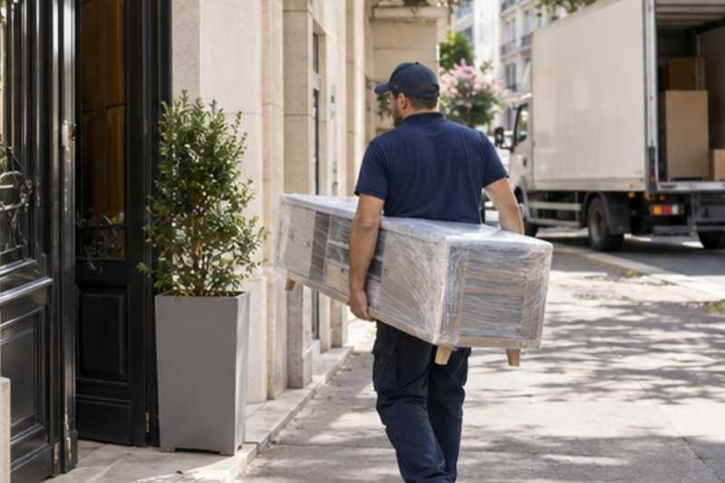 Déménageur qui porte un meuble TV bas entouré de film, trottoir devant un immeuble, camion blanc en arrêt court