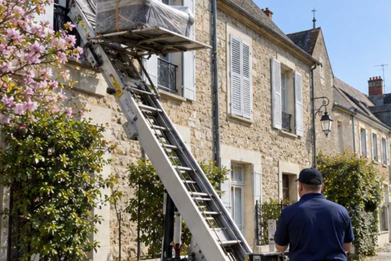 Monte-meuble déployé contre la façade, un fauteuil emballé sur la plateforme, Villiers-le-Bel