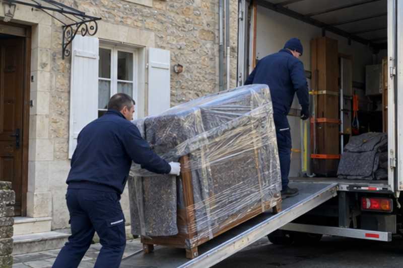 Chargement d'un buffet emballé par la rampe du camion, Viry-Châtillon