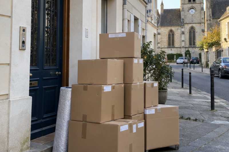 Pile de cartons fermés et étiquetés prête au pied de l'entrée, Viry-Châtillon