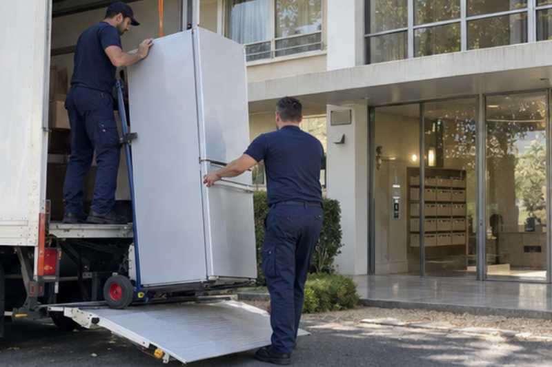 Déménageurs qui déchargent un réfrigérateur sur un diable depuis le hayon, Vitry-sur-Seine