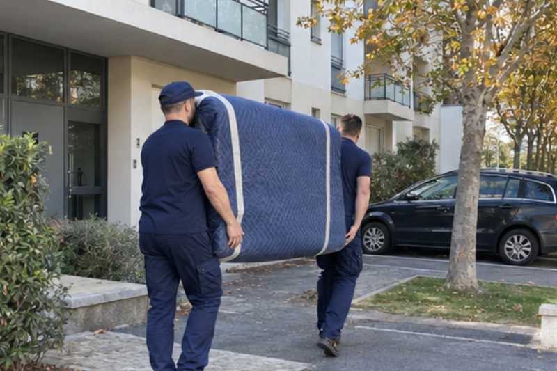 Déménageurs portant un matelas protégé par une housse, Vitry-sur-Seine