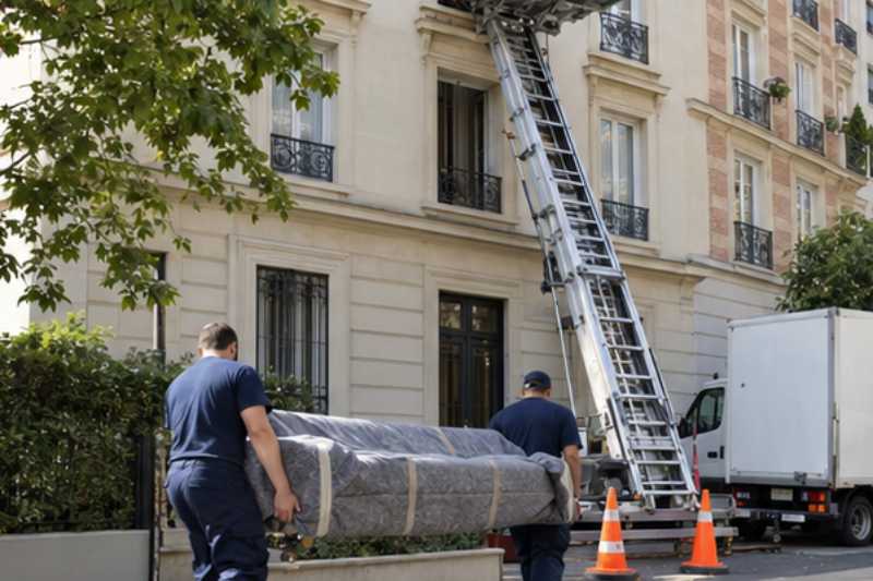 Deux déménageurs portent un canapé trois places sous couverture, façade d'immeuble avec monte-meuble déployé jusqu'à une fenêtre