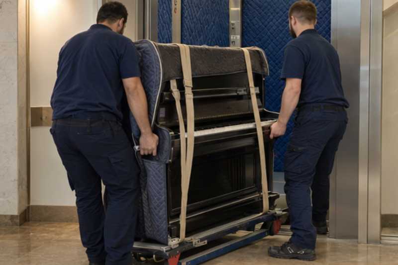 Déménageurs qui descendent un piano droit sanglé sur une luge, hall d'immeuble avec ascenseur aux parois protégées