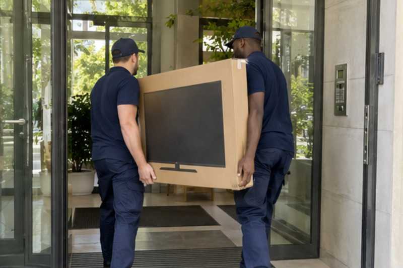 Deux déménageurs portent un grand téléviseur protégé par un carton épais, sas d'entrée vitré d'immeuble