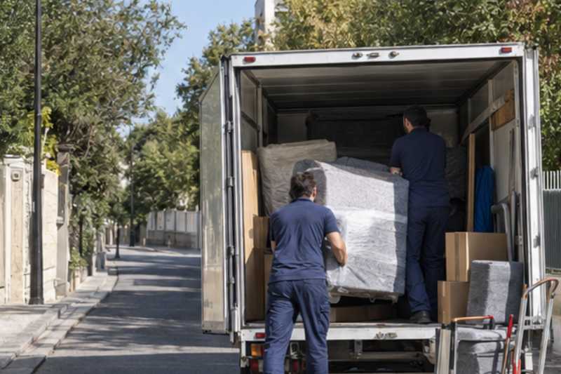 Déménageurs qui chargent un camion un dimanche, rue sans circulation