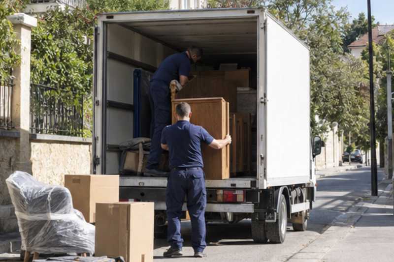 Déménagement un samedi matin dans une rue calme, camion et déménageurs