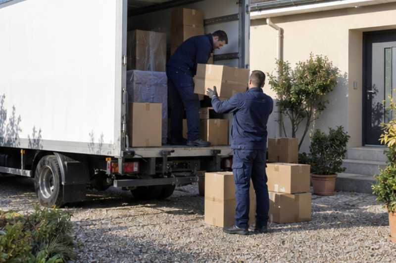 Camion blanc stationné devant l'entrée, deux déménageurs chargent des cartons, Yvelines