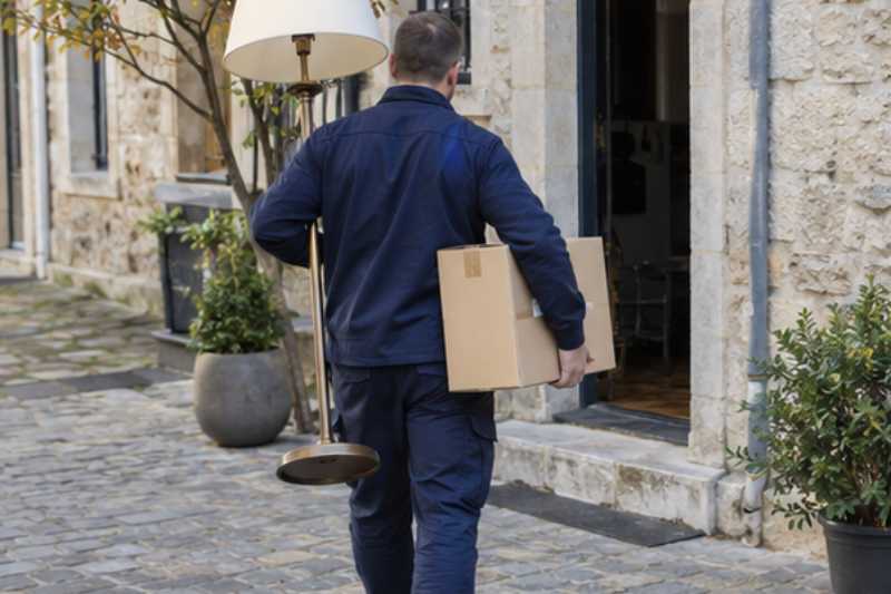 Déménageur portant un lampadaire et un carton de vaisselle, Yvelines