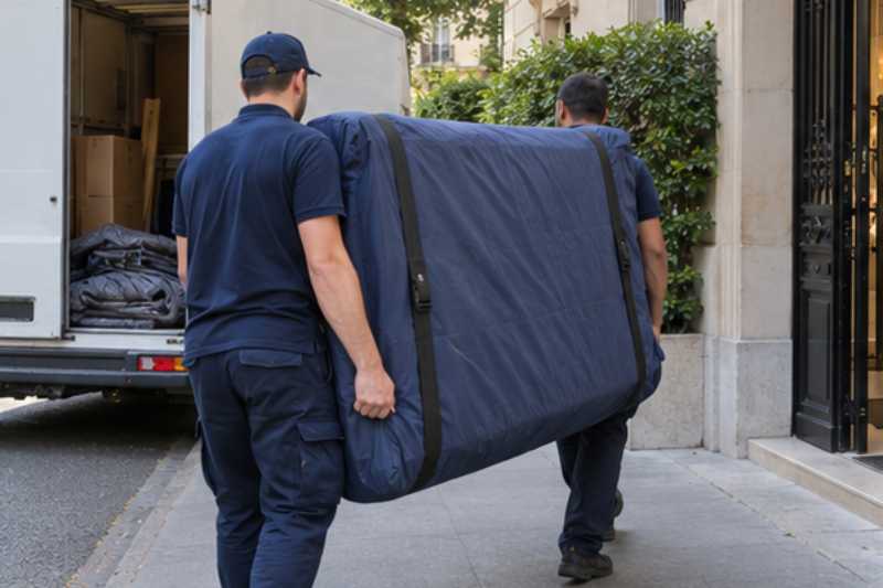 Deux déménageurs portent un grand matelas sous housse zippée, rue résidentielle d'Île-de-France devant un immeuble