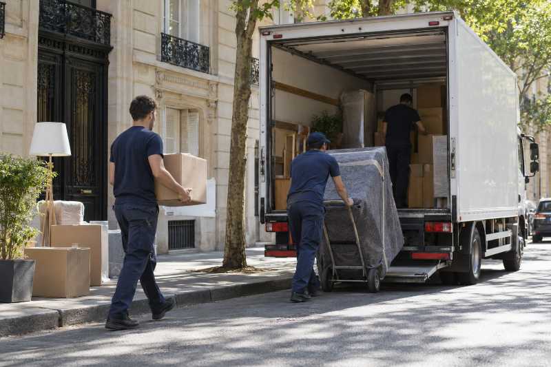 Déménageurs chargeant un camion devant un immeuble en pierre de taille en Île-de-France