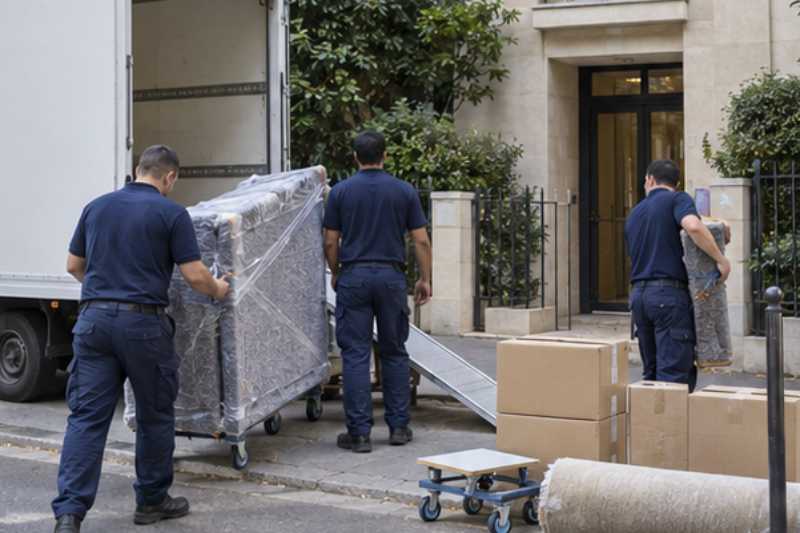 Équipe de trois déménageurs en tenue bleu marine qui prépare le chargement devant un immeuble francilien