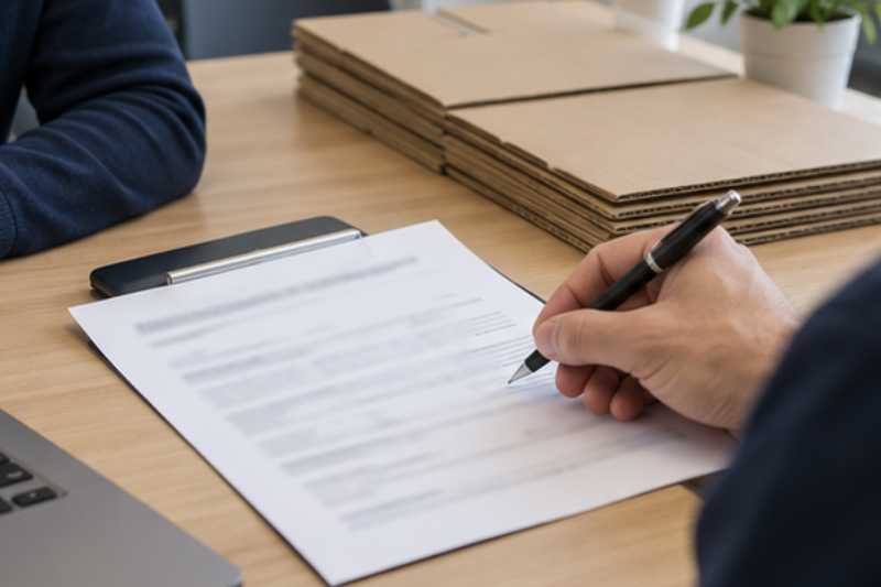 Bureau avec un devis papier et des cartons pliés, main tenant un stylo