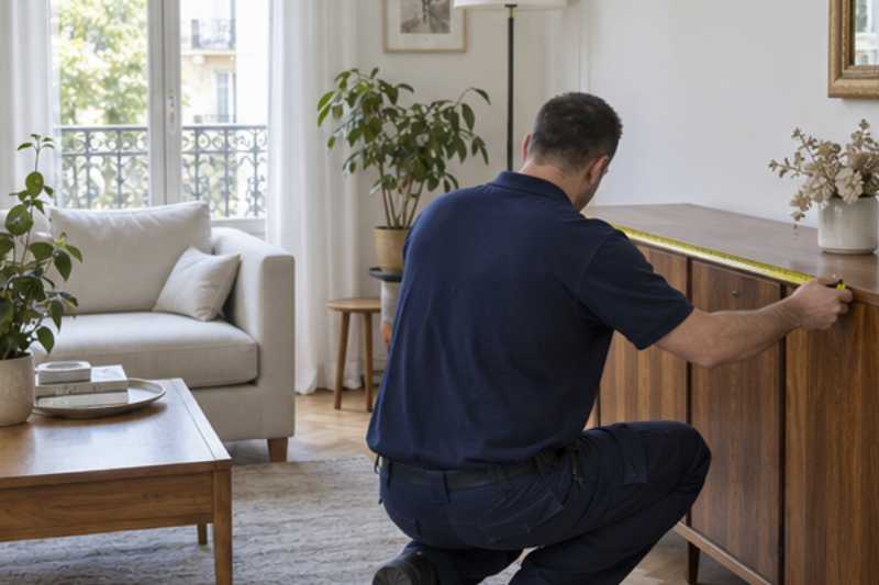 Déménageur qui fait une visite technique et mesure un meuble avec un mètre ruban dans un salon