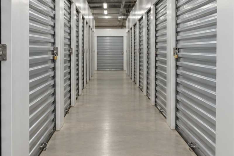 Allée d'un garde-meuble avec des box aux portes métalliques fermées