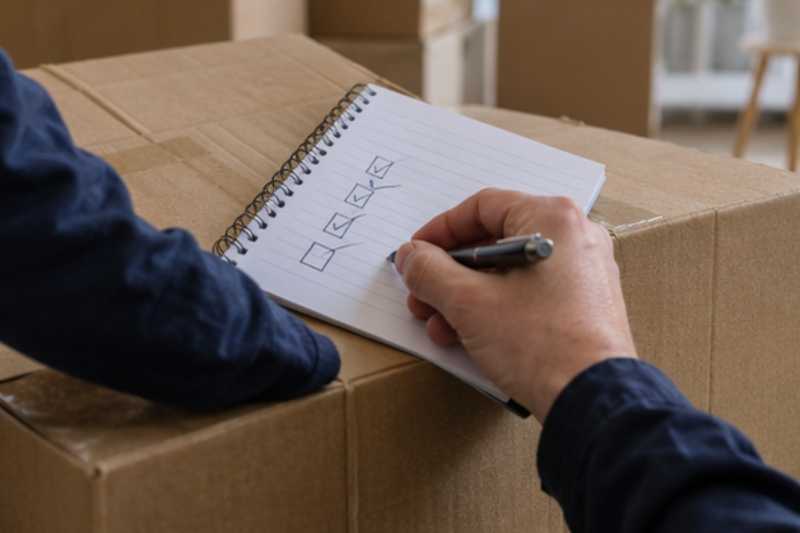 Carnet de préparation posé sur des cartons, main qui coche une liste